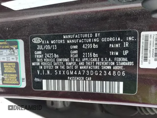 2013 Kia Optima LX with VIN 5XXGM4A73DG234806, listed as a IAAI auction lot 41917871 with 219,058 mi miles. Bid and sale history available at carsss.com. Image 9.
