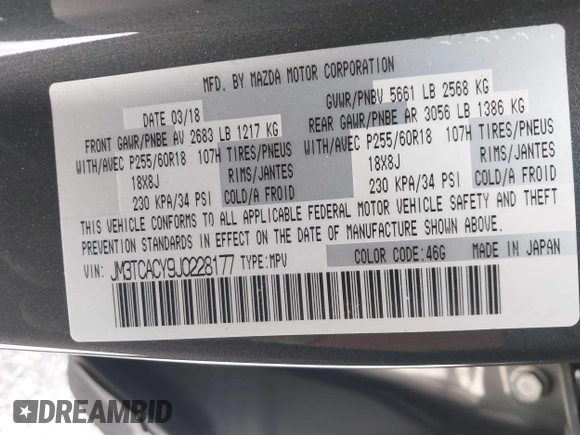 2018 Mazda CX-9 Touring with VIN JM3TCACY9J0228177, listed as a IAAI auction lot 41724618 with 110,733 mi miles. Bid and sale history available at carsss.com. Image 9.