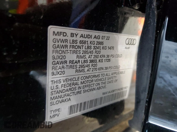 2022 Audi Q7 Premium z VIN WA1AXBF71ND021921, wystawiony jako Copart lot #86780594 z przebiegiem 10 653 mil mil oraz Szkoda całkowita • Salvage title. Historia ofert i sprzedaży dostępna na DreamBid. Obrazek 13.
