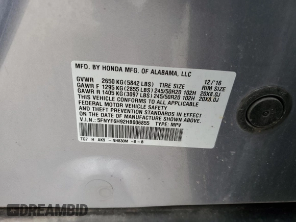 2017 Honda Pilot Touring z VIN 5FNYF6H92HB006855, wystawiony jako Copart lot #53650655 z przebiegiem 130 732 mil mil oraz Szkoda całkowita • Salvage title. Historia ofert i sprzedaży dostępna na DreamBid. Obrazek 13.