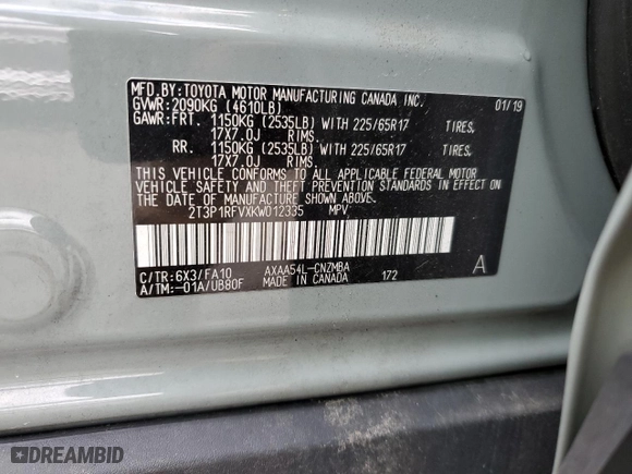 2019 Toyota RAV4 XLE with VIN 2T3P1RFVXKW012335, listed as a Copart auction lot 52551695 with 58,040 mi miles and Non Repairable. Bid and sale history available at carsss.com. Image 13.