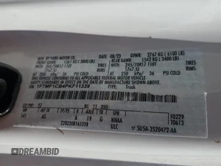2023 Ford F-150 XL with VIN 1FTMF1CB4PKF11339, listed as a Copart auction lot 57857335 with Not provided miles and Salvage title. Bid and sale history available at DreamBid. Image 12.
