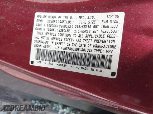 2006 Honda CR-V LX with VIN SHSRD68596U401323, listed as a IAAI auction lot 42011015 with Not Provided miles and . Bid and sale history available at DreamBid. Image 9.