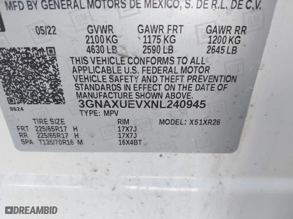 2022 Chevrolet Equinox LT with VIN 3GNAXUEVXNL240945, listed as a IAAI auction lot 41785066 with 59,034 mi miles. Bid and sale history available at carsss.com. Image 9.