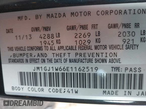 2014 Mazda 6 i Grand Touring with VIN JM1GJ1W66E1162519, listed as a IAAI auction lot 41801957 with 121,586 mi miles. Bid and sale history available at carsss.com. Image 9.