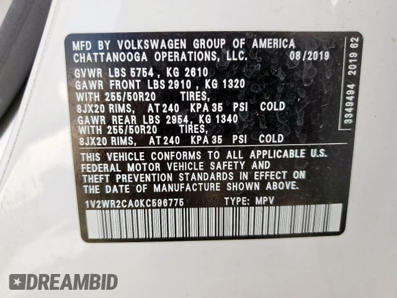 2019 Volkswagen Atlas SE z VIN 1V2WR2CA0KC596775, wystawiony jako Copart lot #56902495 z przebiegiem 57 040 mil mil oraz Szkoda całkowita • Salvage title. Historia ofert i sprzedaży dostępna na DreamBid. Obrazek 13.