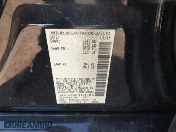 2016 Nissan Altima SV with VIN 1N4AL3APXGC160586, listed as a IAAI auction lot 41371038 with 151,382 mi miles and . Bid and sale history available at DreamBid. Image 9.