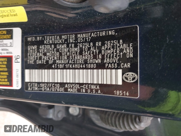 2017 Toyota Camry XLE z VIN 4T1BF1FK4HU441880, wystawiony jako IAAI lot #41747028 z przebiegiem 216 455 mil mil oraz . Historia ofert i sprzedaży dostępna na DreamBid. Obrazek 9.