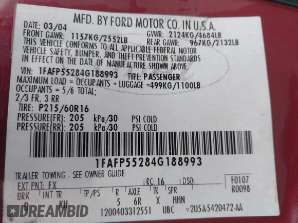2004 Ford Taurus SES with VIN 1FAFP55284G188993, listed as a IAAI auction lot 41895733 with Not Provided miles and . Bid and sale history available at DreamBid. Image 9.