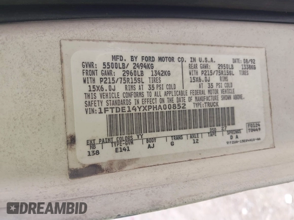 1993 Ford Econoline Cargo with VIN 1FTDE14YXPHA00852, listed as a IAAI auction lot 42682923 with 275,234 mi miles and . Bid and sale history available at DreamBid. Image 9.