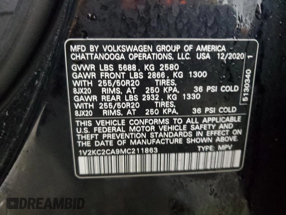 2021 Volkswagen Atlas SE with VIN 1V2KC2CA9MC211863, listed as a Copart auction lot 43328075 with 38,930 mi miles and Salvage title. Bid and sale history available at DreamBid. Image 14.