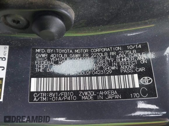 2015 Toyota Prius Four with VIN JTDKN3DU2F0423129, listed as a IAAI auction lot 42191691 with 181,365 mi miles and . Bid and sale history available at DreamBid. Image 9.