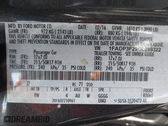 2016 Ford Focus SE with VIN 1FADP3F29GL289322, listed as a IAAI auction lot 42545155 with 141,120 mi miles and . Bid and sale history available at DreamBid. Image 9.