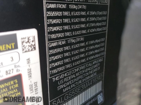 2021 Land Rover Range Rover with VIN SALGS5SE3MA416342, listed as a Copart auction lot 57255025 with 54,901 mi miles and Salvage title. Bid and sale history available at DreamBid. Image 14.