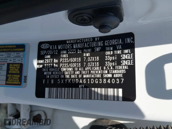 2013 Kia Sorento EX with VIN 5XYKUDA61DG384037, listed as a IAAI auction lot 42449718 with 173,688 mi miles and . Bid and sale history available at DreamBid. Image 9.