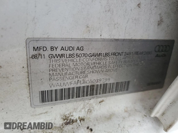 2012 Audi A4 2.0T Premium Plus with VIN WAUWFAFL8CA039799, listed as a Copart auction lot 52030895 with 102,906 mi miles and Salvage Title. Bid and sale history available at carsss.com. Image 12.