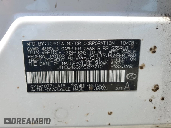 2009 Lexus ES 330 with VIN JTHBJ46G692293212, listed as a Copart auction lot 52861695 with 132,804 mi miles and Salvage Title. Bid and sale history available at DreamBid. Image 13.