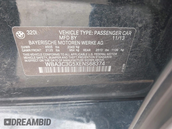 2014 BMW 3 Series 320i xDrive with VIN WBA3C3G5XENS68374, listed as a IAAI auction lot 42042243 with 107,830 mi miles. Bid and sale history available at carsss.com. Image 9.