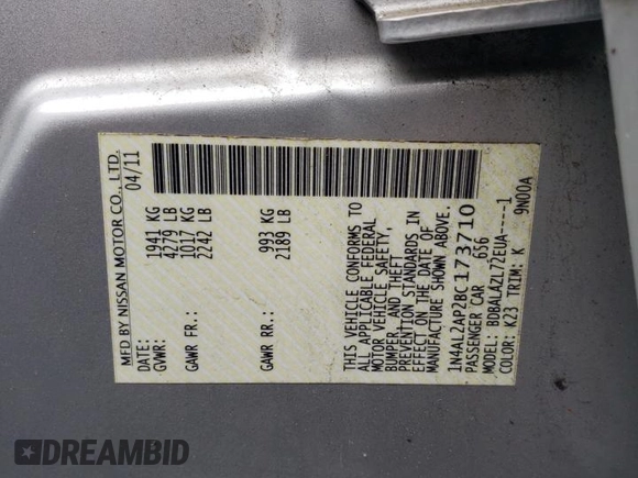 2011 Nissan Altima S with VIN 1N4AL2AP2BC173710, listed as a Copart auction lot 59865615 with 147,854 mi miles and Salvage title. Bid and sale history available at DreamBid. Image 12.