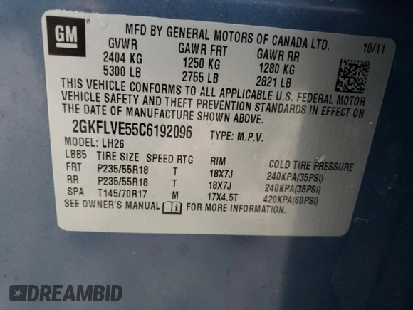 2012 GMC Terrain SLT-1 with VIN 2GKFLVE55C6192096, listed as a Copart auction lot 85197794 with 88,713 mi miles and Salvage Title. Bid and sale history available at DreamBid. Image 13.