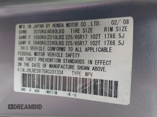 2008 Honda CR-V EX-L with VIN JHLRE38758C031334, listed as a IAAI auction lot 42017270 with 210,511 mi miles and . Bid and sale history available at carsss.com. Image 9.