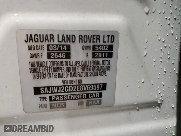 2014 Jaguar XJ Portfolio with VIN SAJWJ2GD2E8V69597, listed as a Copart auction lot 57798145 with 100,857 mi miles and Salvage title. Bid and sale history available at DreamBid. Image 13.