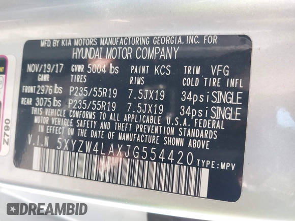 2018 Hyundai Santa Fe Ultimate with VIN 5XYZW4LAXJG554420, listed as a IAAI auction lot 41628371 with 65,436 mi miles and . Bid and sale history available at DreamBid. Image 9.