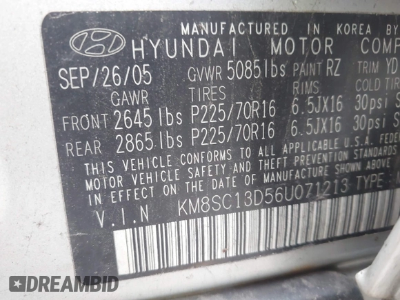 2006 Hyundai Santa Fe GLS with VIN KM8SC13D56U071213, listed as a IAAI auction lot 42239720 with 155,106 mi miles and . Bid and sale history available at DreamBid. Image 9.