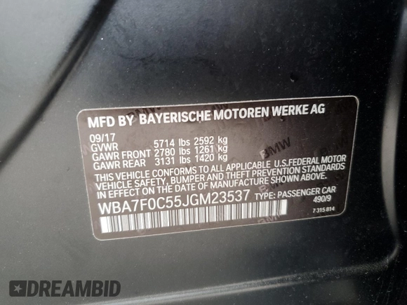 2018 BMW 7 Series 750i with VIN WBA7F0C55JGM23537, listed as a Copart auction lot 76824074 with 64,682 mi miles and Salvage Title. Bid and sale history available at carsss.com. Image 12.