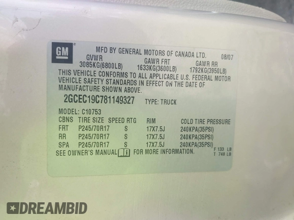 2008 Chevrolet Silverado 1500 1LT with VIN 2GCEC19C781149327, listed as a IAAI auction lot 42126913 with 194,629 mi miles and . Bid and sale history available at DreamBid. Image 9.