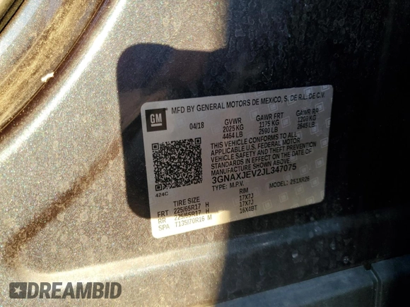 2018 Chevrolet Equinox LT with VIN 3GNAXJEV2JL347075, listed as a Copart auction lot 46578625 with 0 mi miles and Salvage Title. Bid and sale history available at carsss.com. Image 13.