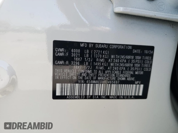 2024 Subaru Ascent Premium with VIN 4S4WMAEDXR3465697, listed as a Copart auction lot 58382275 with 8,208 mi miles and Salvage title. Bid and sale history available at DreamBid. Image 13.