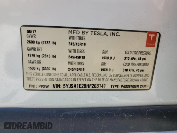 2017 Tesla Model S 100D z VIN 5YJSA1E28HF203141, wystawiony jako Copart lot #56306495 z przebiegiem 101 039 mil mil oraz Szkoda całkowita • Salvage title. Historia ofert i sprzedaży dostępna na DreamBid. Obrazek 12.