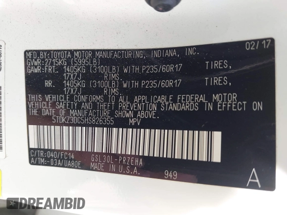 2017 Toyota Sienna LE Auto Access Seat z VIN 5TDKZ3DC5HS826355, wystawiony jako IAAI lot #42802103 z przebiegiem 310 281 mil mil oraz . Historia ofert i sprzedaży dostępna na DreamBid. Obrazek 9.
