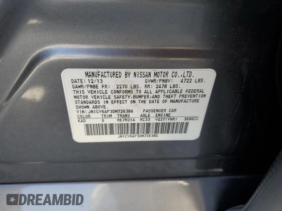 2013 Infiniti G37 Journey with VIN JN1CV6AP3DM726384, listed as a Copart auction lot 54502735 with 115,795 mi miles and Salvage Title. Bid and sale history available at DreamBid. Image 12.