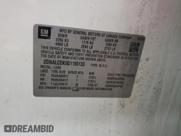 2016 Chevrolet Equinox LT z VIN 2GNALCEK0G1156133, wystawiony jako Copart lot #52744985 z przebiegiem 237 487 mil mil oraz Nie do naprawy • Non repairable. Historia ofert i sprzedaży dostępna na DreamBid. Obrazek 12.