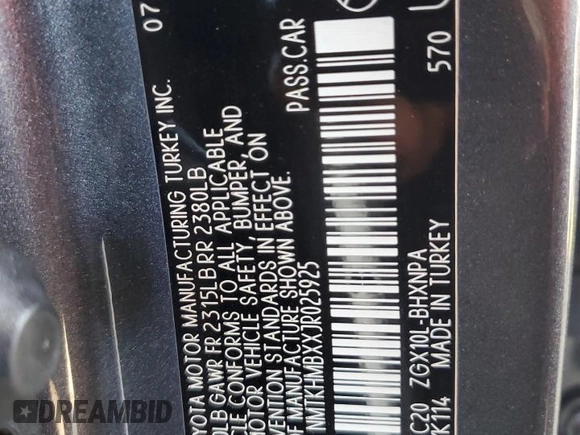 2018 Toyota C-HR XLE with VIN NMTKHMBXXJR025925, listed as a Copart auction lot 60121105 with 107,081 mi miles and Salvage title. Bid and sale history available at DreamBid. Image 12.