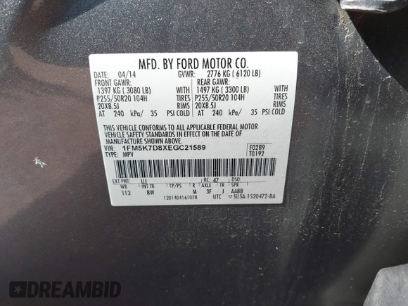 2014 Ford Explorer XLT with VIN 1FM5K7D8XEGC21589, listed as a IAAI auction lot 42558702 with 140,818 mi miles and . Bid and sale history available at DreamBid. Image 9.