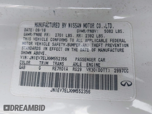 2017 Infiniti Q60 Sport with VIN JN1EV7ELXHM552356, listed as a IAAI auction lot 41320069 with 78,893 mi miles. Bid and sale history available at carsss.com. Image 9.