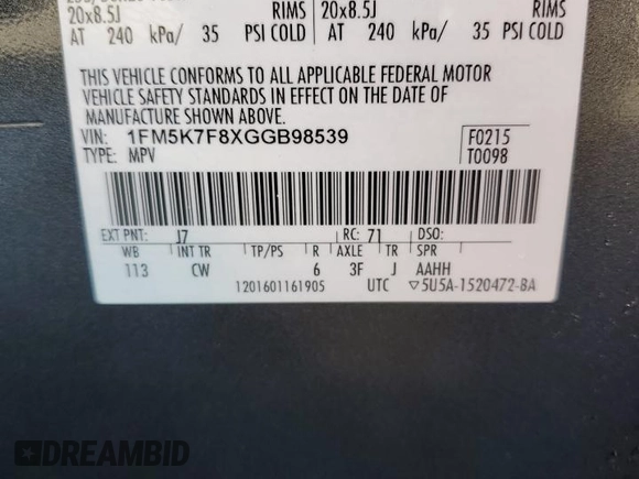 2016 Ford Explorer Limited with VIN 1FM5K7F8XGGB98539, listed as a Copart auction lot 82752454 with Not Provided miles and Salvage Title. Bid and sale history available at DreamBid. Image 13.