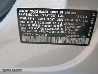 2015 Volkswagen Passat 1.8T Wolfsburg Ed with VIN 1VWAT7A37FC045499, listed as a IAAI auction lot 42020337 with 171,804 mi miles. Bid and sale history available at carsss.com. Image 9.
