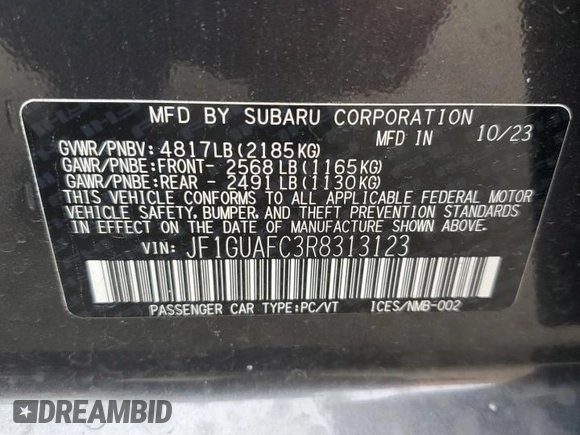 2024 Subaru Impreza Sport with VIN JF1GUAFC3R8313123, listed as a Copart auction lot 80126014 with 1,992 mi miles and Salvage Title. Bid and sale history available at carsss.com. Image 12.