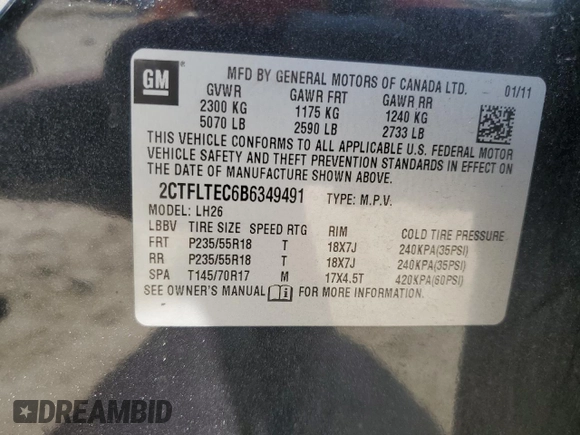 2011 GMC Terrain SLE-2 with VIN 2CTFLTEC6B6349491, listed as a Copart auction lot 53758005 with 216,190 mi miles and Salvage Title. Bid and sale history available at carsss.com. Image 13.