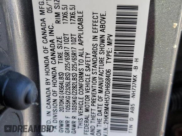 2013 Honda CR-V EX with VIN 2HKRM4H57DH668406, listed as a Copart auction lot 43614265 with 0 mi miles and Salvage Title. Bid and sale history available at carsss.com. Image 14.