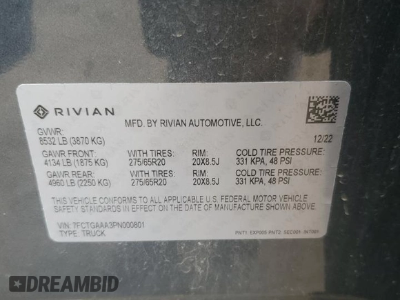 2023 Rivian R1T Adventure with VIN 7FCTGAAA3PN000801, listed as a Copart auction lot 51600895 with 19,486 mi miles and Salvage Title. Bid and sale history available at carsss.com. Image 14.