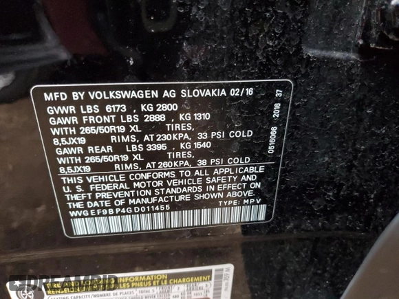 2016 Volkswagen Touareg Sport with VIN WVGEF9BP4GD011455, listed as a Copart auction lot 49734885 with 145,450 mi miles and Salvage Title. Bid and sale history available at DreamBid. Image 14.