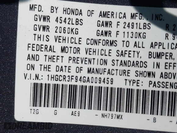 2016 Honda Accord Touring with VIN 1HGCR3F94GA009459, listed as a IAAI auction lot 42597128 with 182,977 mi miles and . Bid and sale history available at DreamBid. Image 9.