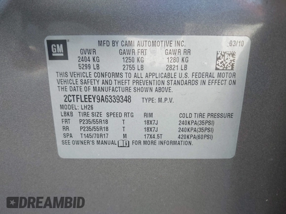 2010 GMC Terrain SLE-2 with VIN 2CTFLEEY9A6339348, listed as a IAAI auction lot 42403436 with 134,818 mi miles and . Bid and sale history available at DreamBid. Image 9.
