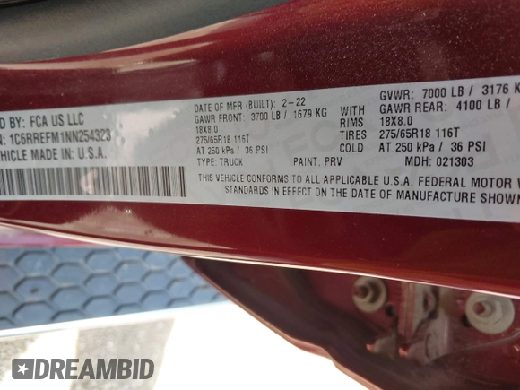 2022 Ram 1500 Lone Star with VIN 1C6RREFM1NN254323, listed as a IAAI auction lot 42378912 with 455 mi miles and . Bid and sale history available at DreamBid. Image 9.