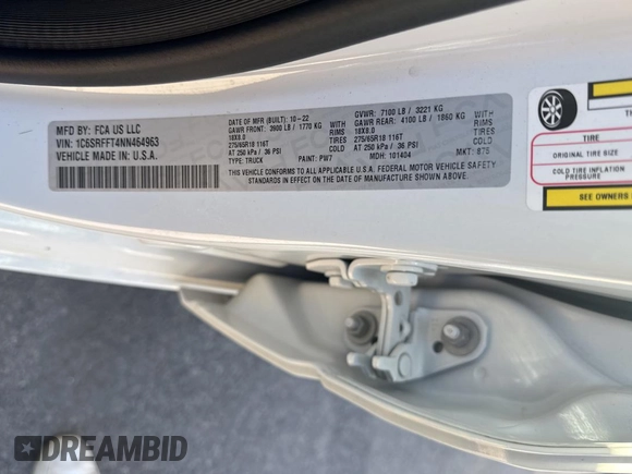 2022 Ram 1500 Lone Star with VIN 1C6SRFFT4NN464963, listed as a Copart auction lot 77888524 with 28,369 mi miles and Non repairable. Bid and sale history available at DreamBid. Image 10.